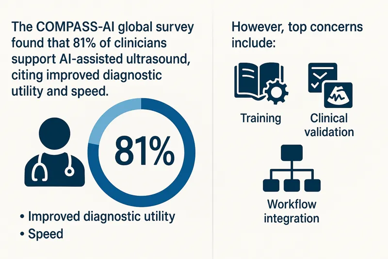Infographic showing COMPASS-AI survey results on clinician support for AI-enabled ultrasound, benefits, and concerns