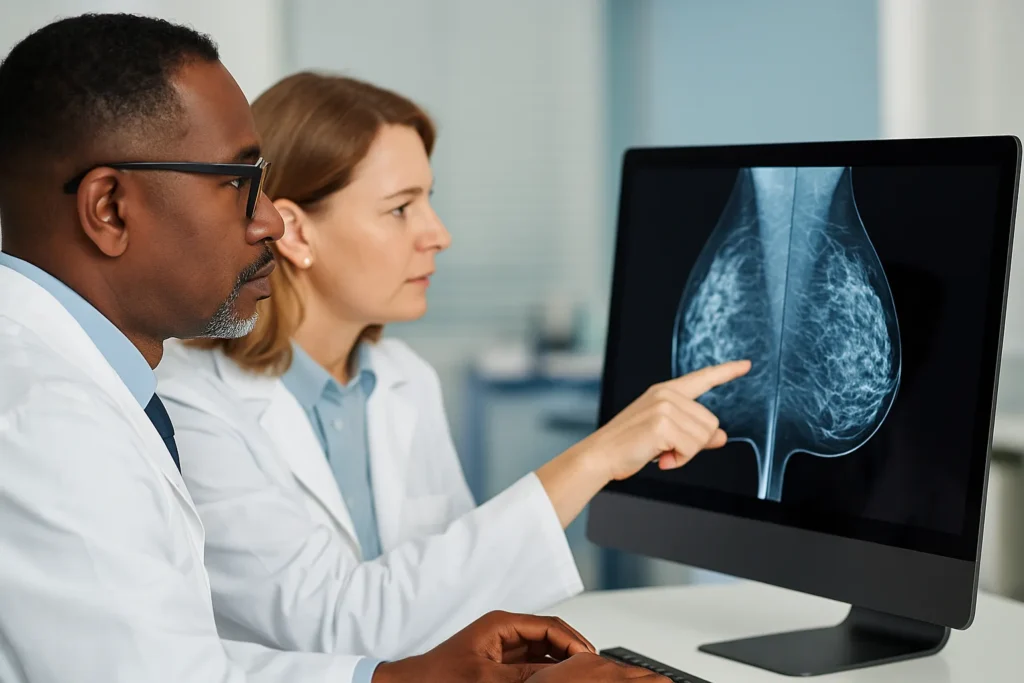 Doctors reviewing breast density mammogram results for Fall 2025 hospital updates.