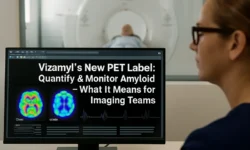 PET brain scan highlighting amyloid plaques, illustrating FDA’s updated Vizamyl label for quantified monitoring in Alzheimer’s imaging.