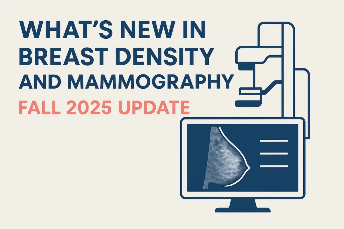What’s New in Breast Density and Mammography: Fall 2025 Update – illustration of mammography equipment and breast X-ray image.