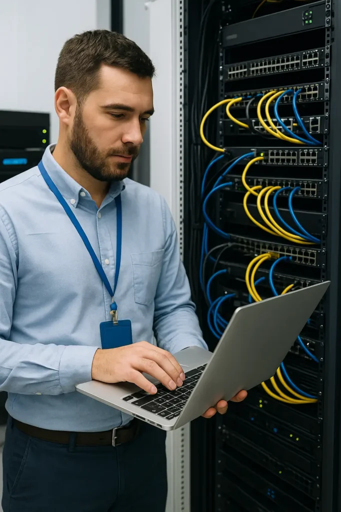 Vesta IT Infrastructure and Secure Network Connectivity. IT professional managing secure healthcare network infrastructure with PACS and VPN systems in a server room.