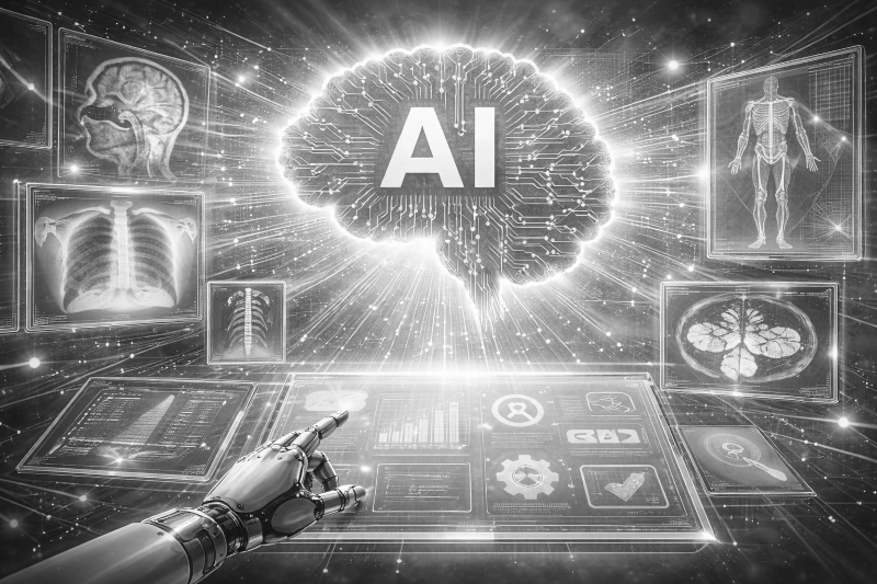 Grayscale radiology AI hero image showing imaging screens and a neural circuit concept representing governance, workflow, and quality