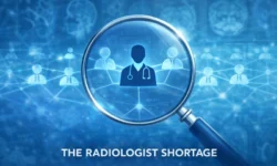 Radiologist Shortage: Finding Coverage When You Need It Most Radiologist shortage illustration with magnifying glass highlighting a radiologist icon in a connected network