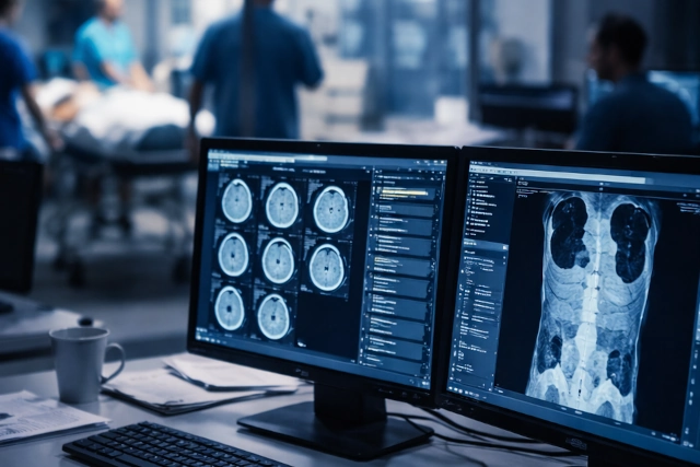 After-Hours Imaging Backlogs Hero Image After-hours radiology workstation with dual monitors showing CT imaging in a hospital setting, supporting faster reads and shorter ED length of stay.