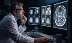 Radiologist reviewing brain CT scans on multiple monitors, representing rising radiologist attrition and subspecialty coverage gaps.