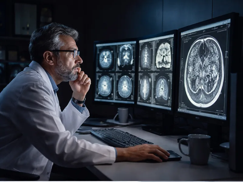 Radiologist Attrition and Subspecialty Coverage Hero Image Radiologist reviewing brain CT scans on multiple monitors, representing rising radiologist attrition and subspecialty coverage gaps.