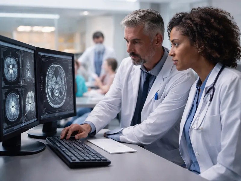 Two radiologists reviewing imaging studies together at a workstation, illustrating collaboration to maintain subspecialty coverage amid workforce attrition.