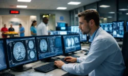 Radiologist reviewing CT scans during overnight hospital coverage to prevent radiology capacity gaps