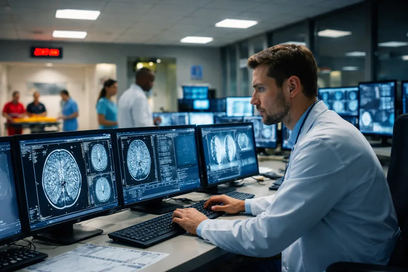 Radiologist reviewing CT scans during overnight hospital coverage to prevent radiology capacity gaps