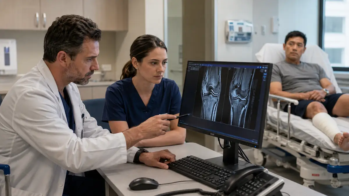 Clinical team reviewing musculoskeletal MRI results while a patient waits nearby, illustrating the downstream cost of MSK delays