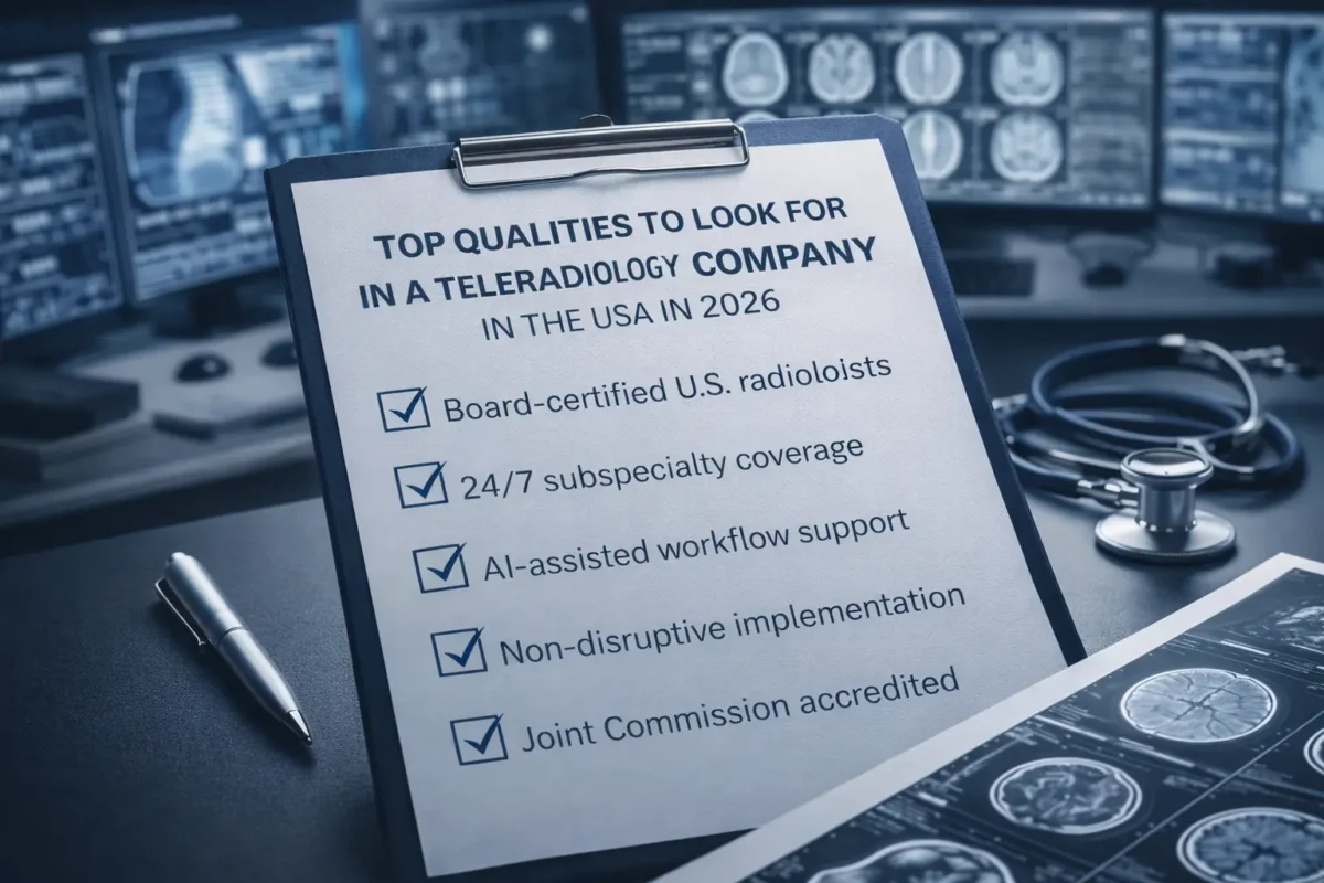 Checklist-style image showing top qualities to look for in a teleradiology company in the USA in 2026, including 24/7 coverage, U.S. radiologists, workflow support, and accreditation