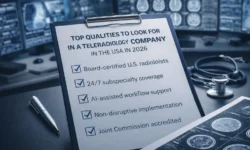 Checklist-style image showing top qualities to look for in a teleradiology company in the USA in 2026, including 24/7 coverage, U.S. radiologists, workflow support, and accreditation
