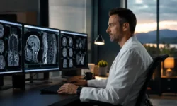 Radiologist providing remote diagnostic imaging coverage from a professional reading workstation