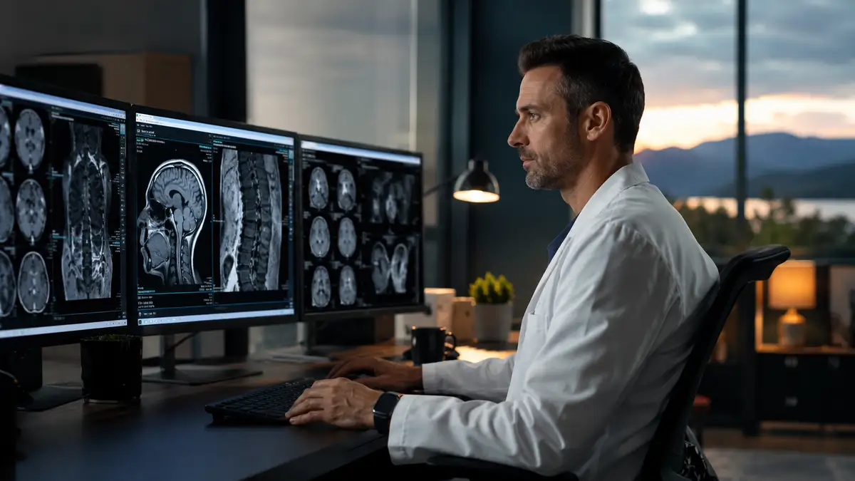 Radiologist providing remote diagnostic imaging coverage from a professional reading workstation