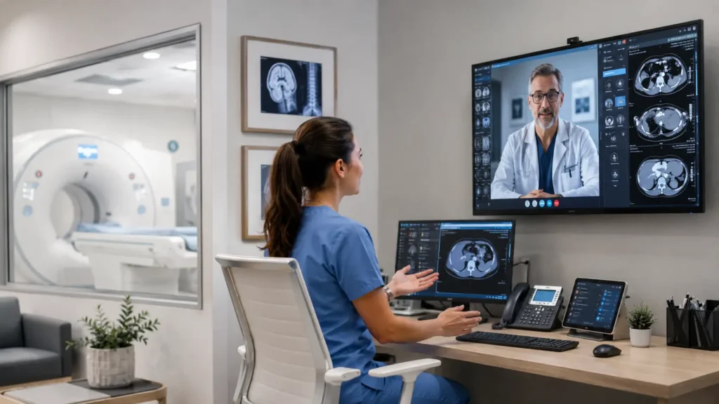 Imaging center staff coordinating remote radiology workflow with a radiologist