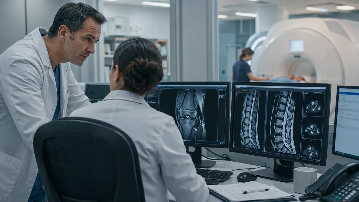 Radiologists reviewing musculoskeletal MRI scans in a hospital imaging suite, illustrating the downstream impact of MSK delays