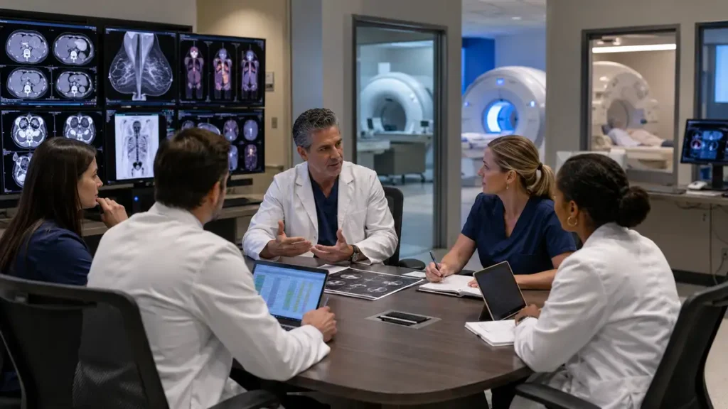 Imaging leadership team discussing modality expansion, workflow, and coverage strategy in a hospital setting