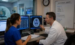 Day-to-Night Radiology Handoff Radiology team reviewing imaging studies and worklist priorities during a day-to-night coverage handoff.