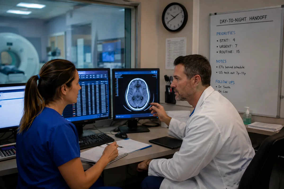 Radiology team reviewing imaging studies and worklist priorities during a day-to-night coverage handoff.