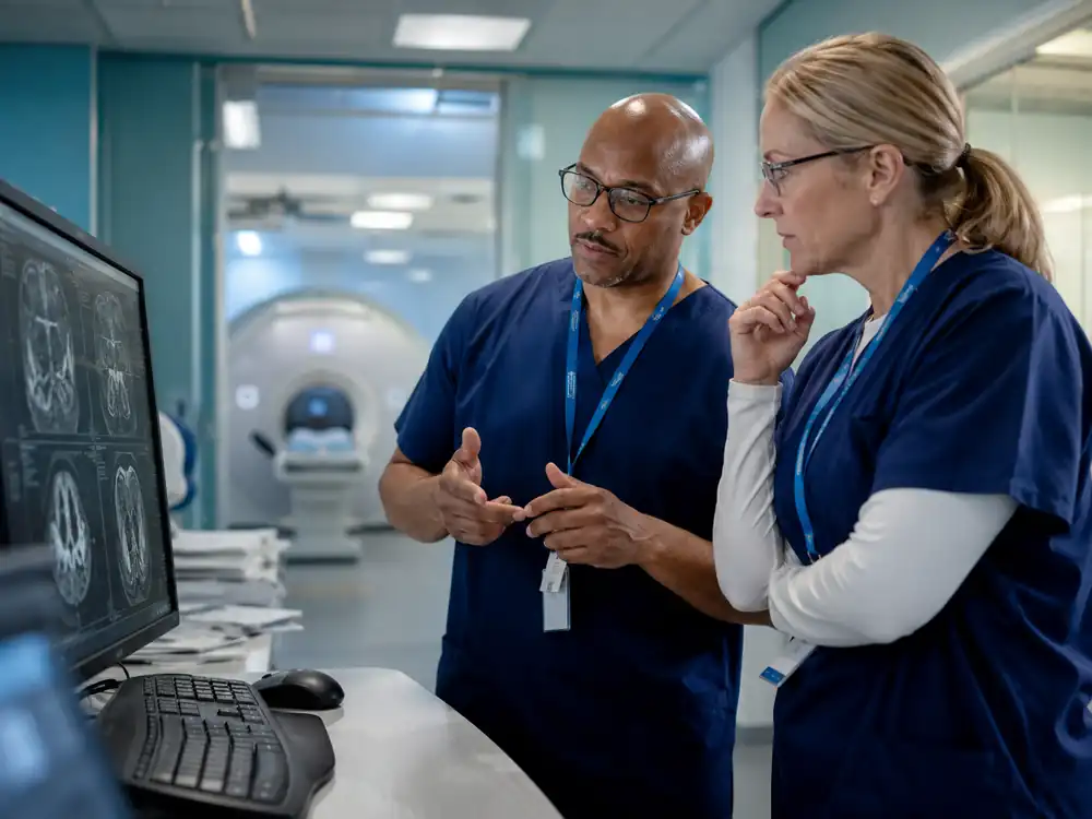 Hospital radiology workflow showing prioritized imaging studies and timely interpretation for STAT, urgent, and routine exams.