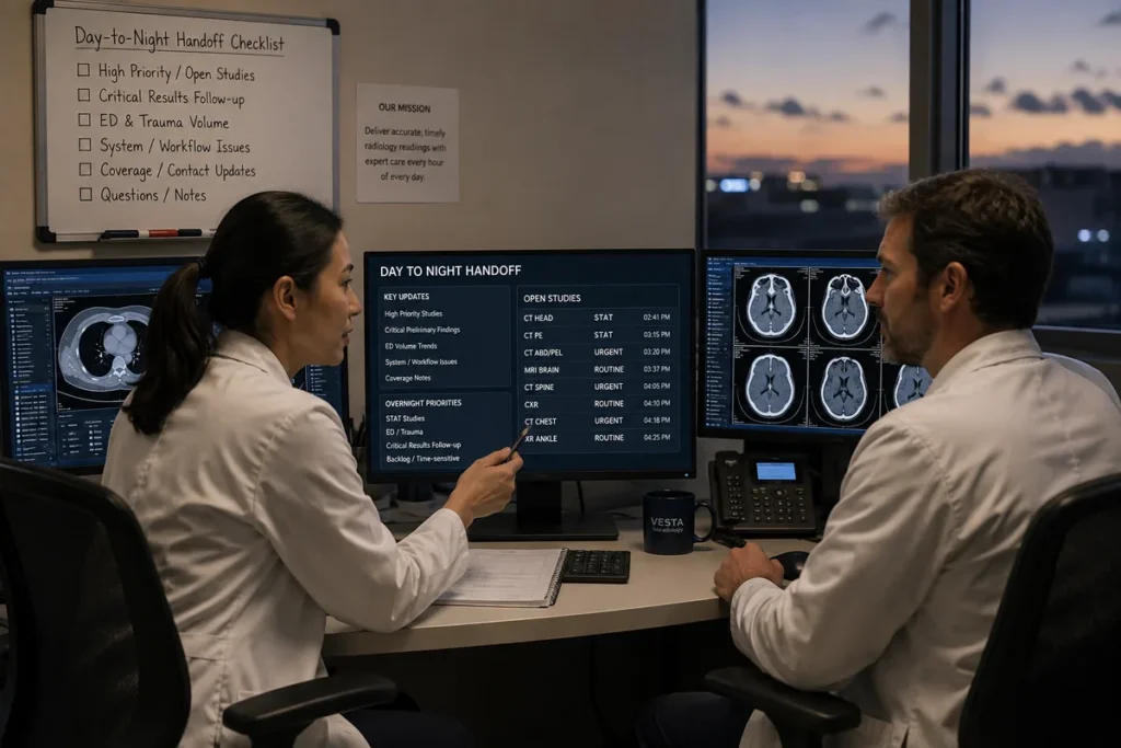 Radiologists reviewing open studies, priority cases, and workflow details during an evening radiology handoff.