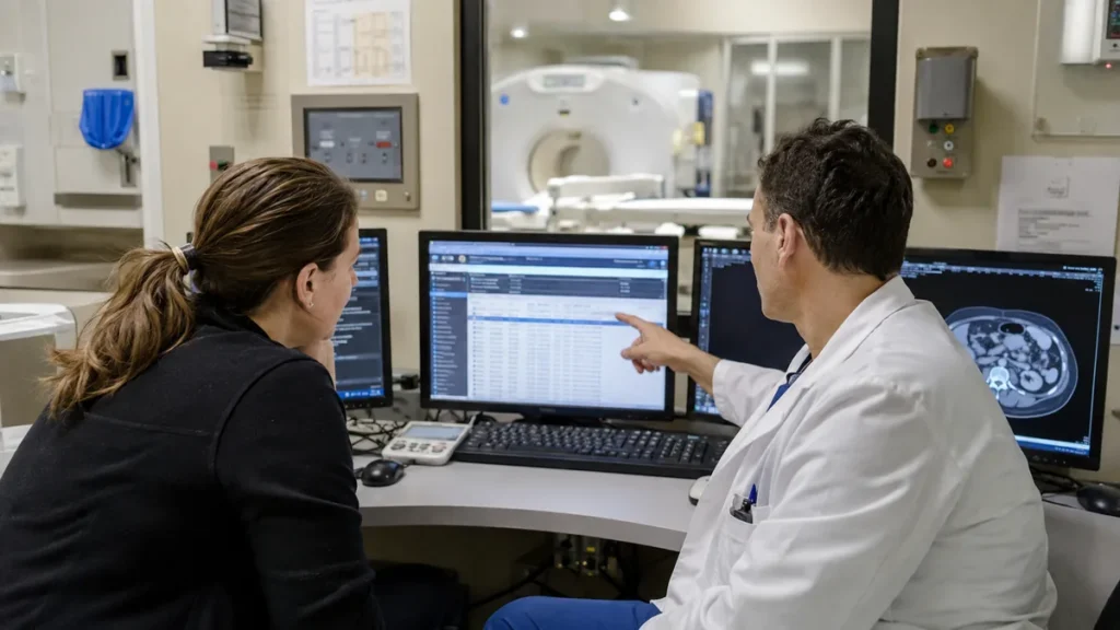 Teleradiology Onboarding and Radiology Workflow Coordination Radiologist and imaging team reviewing workflow details in a hospital control room during teleradiology onboarding.
