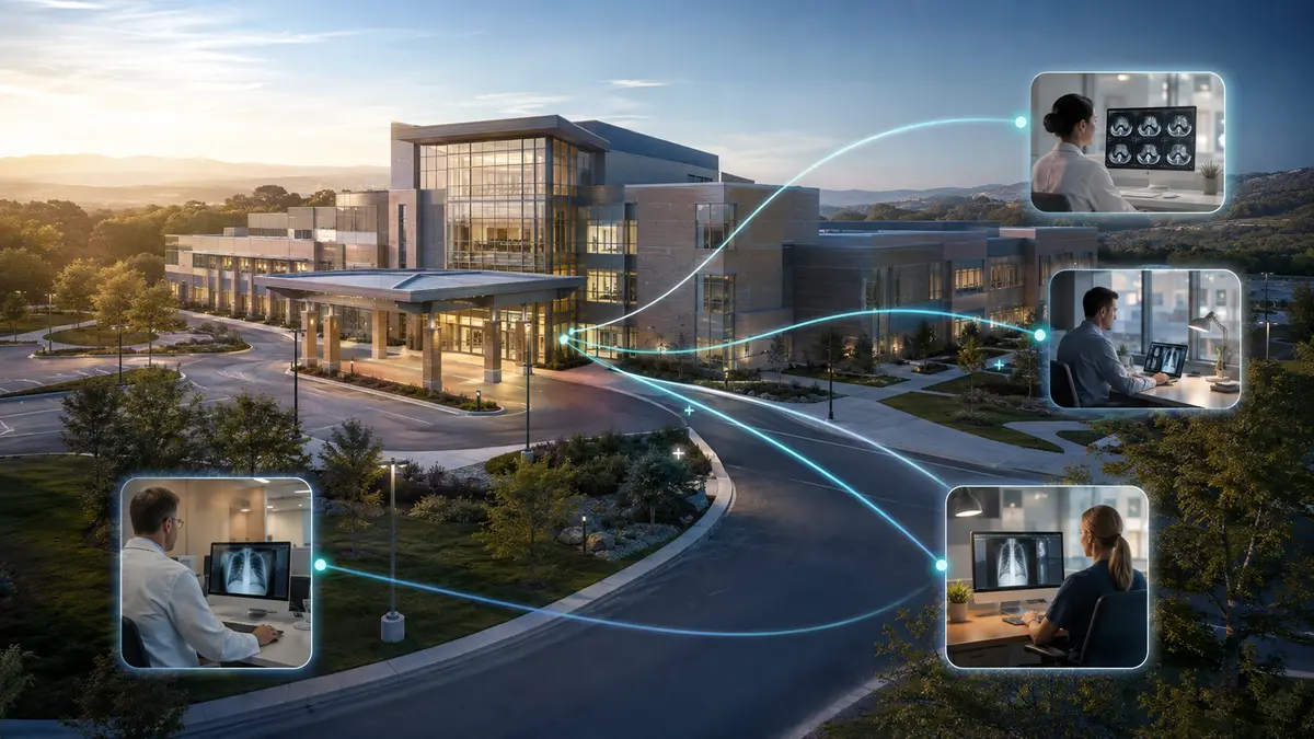 Complete Hospital Radiology Coverage Model Community hospital connected to onsite and remote radiologists for complete radiology coverage
