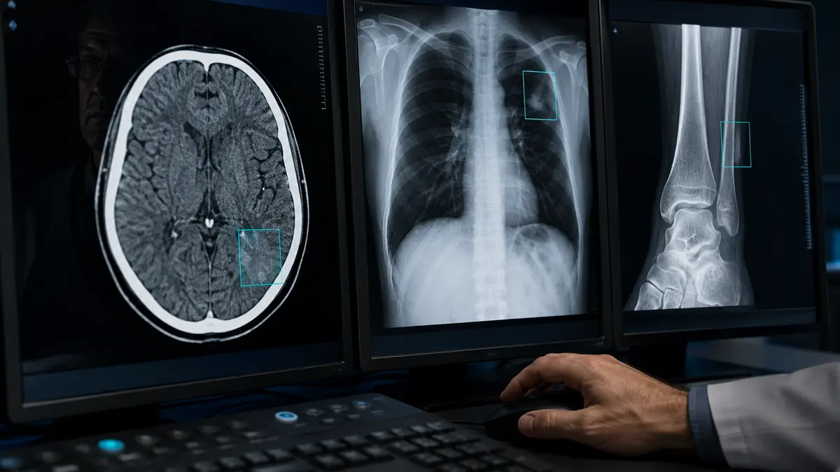 Radiologist-Led AI-Assisted Imaging Radiologist reviewing CT brain, chest X-ray, and musculoskeletal studies with advisory AI support