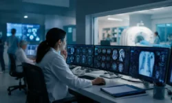 Radiologist reviewing hospital imaging studies within a workflow designed to prioritize STAT, urgent, and routine reads. Radiology Turnaround Time SLA for Hospitals