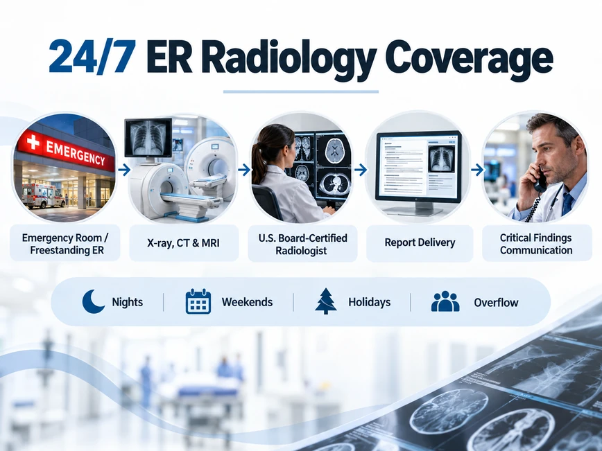 24/7 emergency radiology workflow for hospital and freestanding emergency rooms