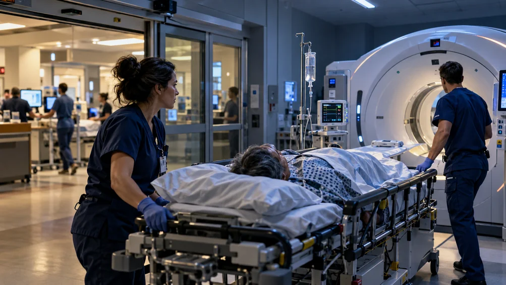 Emergency room patient being prepared for a CT scan during after-hours imaging