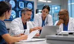 Radiology physicians reviewing credentialing documents and imaging workflow requirements