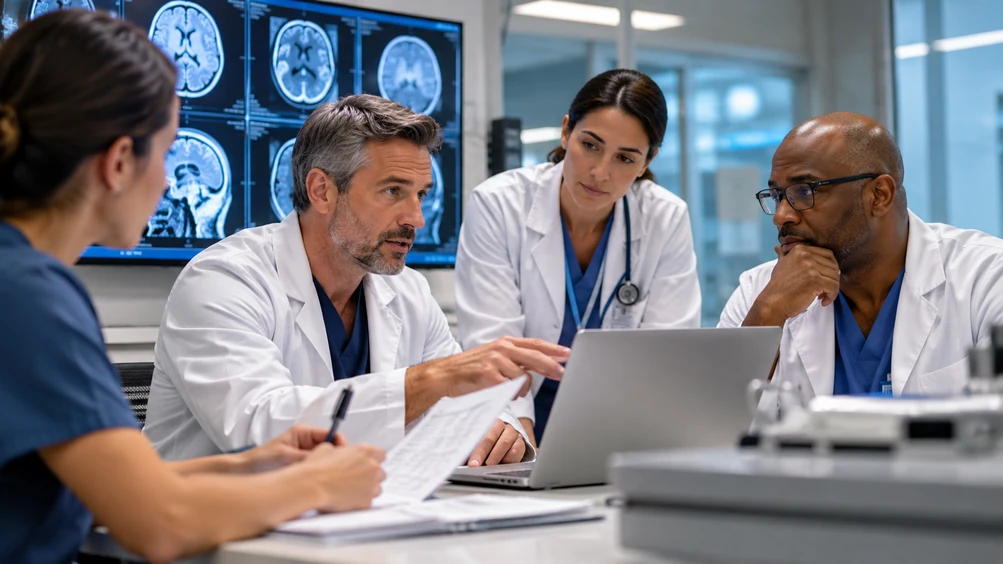 Radiology physicians reviewing credentialing documents and imaging workflow requirements